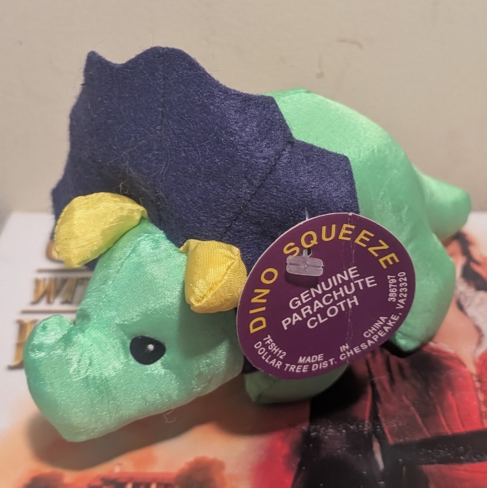 Vintage 1997 Dino Squeeze Green and Yellow Parachute Cloth Plush Stuffed Animal